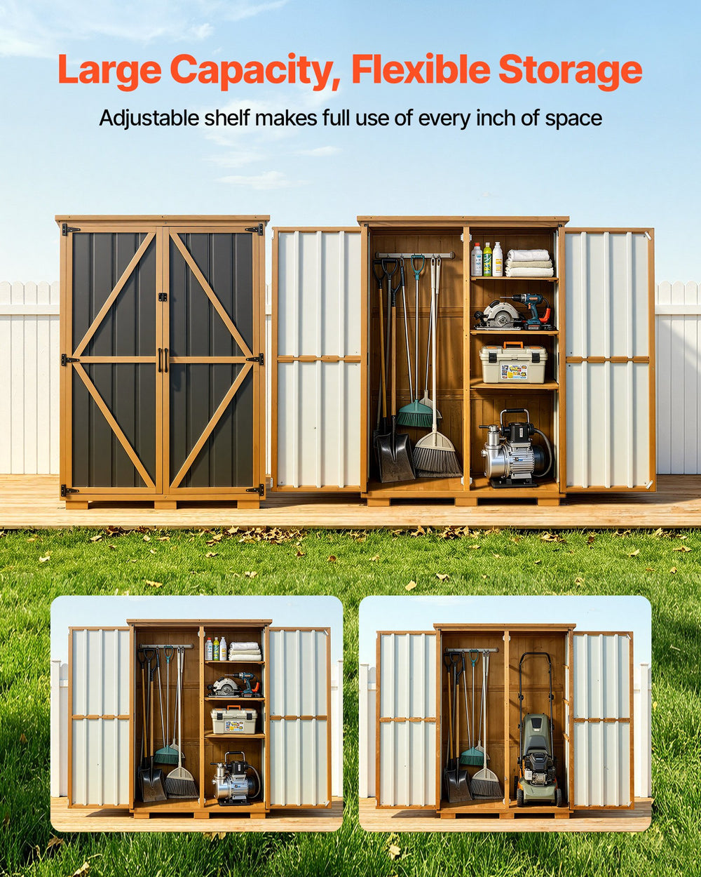 VEVOR Outdoor Storage Shed, 46.06" x 62.99" Wood & Metal Garden Tool Shed with Lockable Doors & Sloped Roof, Waterproof Outside Storage Cabinet with Shelves/Floor for Backyard Patio Lawn, Black/Brown