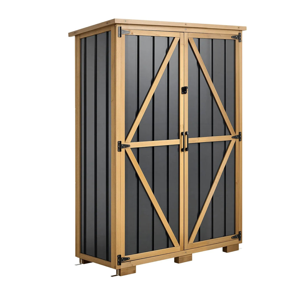VEVOR Outdoor Storage Shed, 46.06" x 62.99" Wood & Metal Garden Tool Shed with Lockable Doors & Sloped Roof, Waterproof Outside Storage Cabinet with Shelves/Floor for Backyard Patio Lawn, Black/Brown