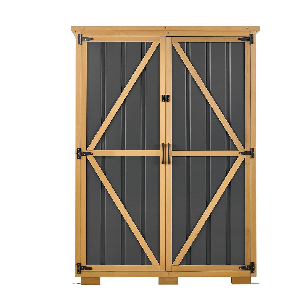 VEVOR Outdoor Storage Shed, 46.06" x 62.99" Wood & Metal Garden Tool Shed with Lockable Doors & Sloped Roof, Waterproof Outside Storage Cabinet with Shelves/Floor for Backyard Patio Lawn, Black/Brown