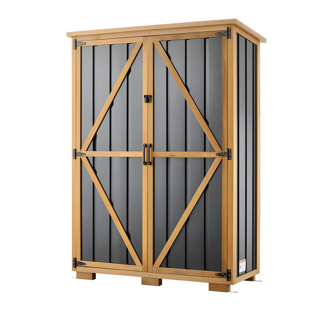 VEVOR Outdoor Storage Shed, 46.06" x 62.99" Wood & Metal Garden Tool Shed with Lockable Doors & Sloped Roof, Waterproof Outside Storage Cabinet with Shelves/Floor for Backyard Patio Lawn, Black/Brown