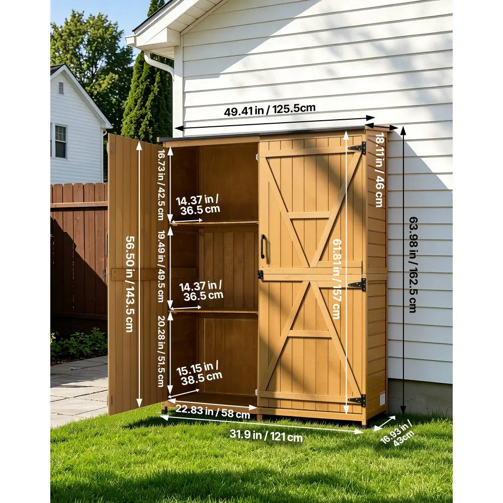 VEVOR Outdoor Storage Shed, 49.41" x 63.98" Wood Garden Tool Shed with Lockable Doors & Sloped Roof, Waterproof Outside Storage Cabinet with Shelves & Floor Included for Backyard Patio Lawn, Brown