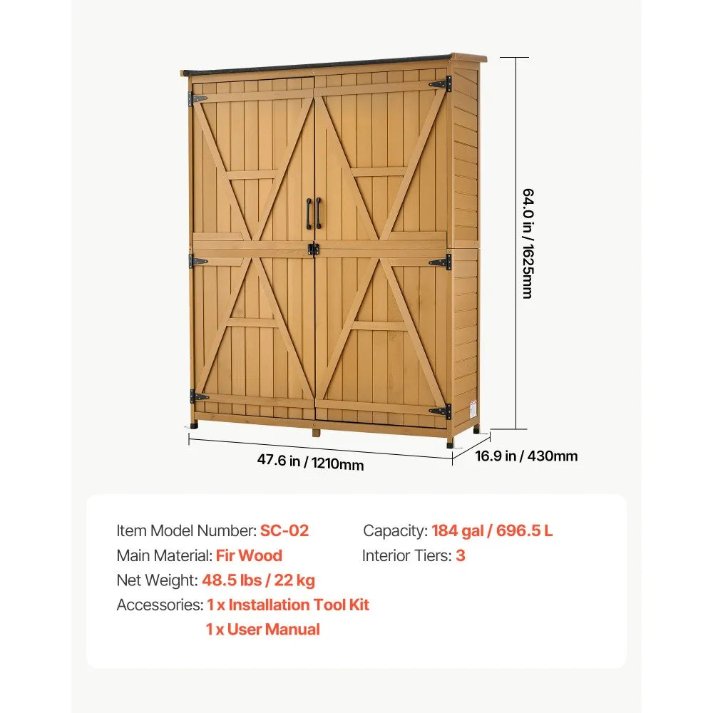 VEVOR Outdoor Storage Shed, 49.41" x 63.98" Wood Garden Tool Shed with Lockable Doors & Sloped Roof, Waterproof Outside Storage Cabinet with Shelves & Floor Included for Backyard Patio Lawn, Brown