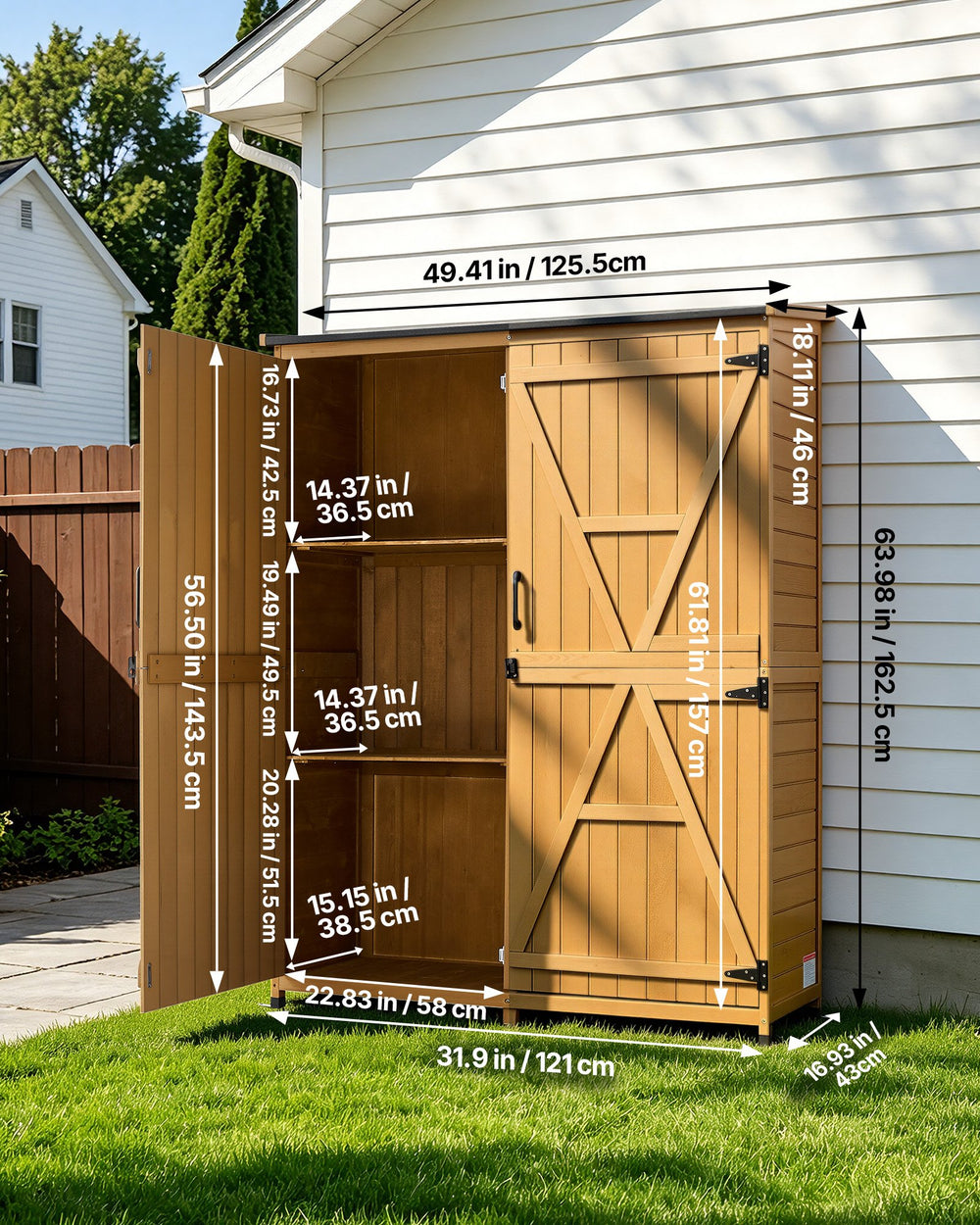 VEVOR Outdoor Storage Shed, 49.41" x 63.98" Wood Garden Tool Shed with Lockable Doors & Sloped Roof, Waterproof Outside Storage Cabinet with Shelves & Floor Included for Backyard Patio Lawn, Brown