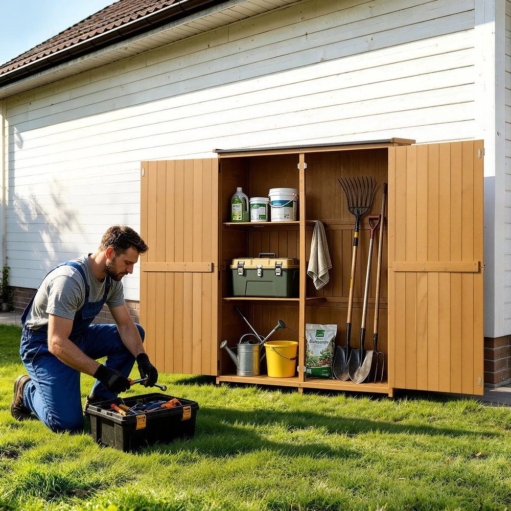 VEVOR Outdoor Storage Shed, 49.41" x 63.98" Wood Garden Tool Shed with Lockable Doors & Sloped Roof, Waterproof Outside Storage Cabinet with Shelves & Floor Included for Backyard Patio Lawn, Brown