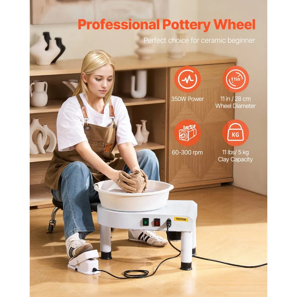 VEVOR Pottery Wheel, 11 in Ceramic Wheel Forming Machine, 60-300 RPM Adjustable Speed with Foot Pedal Control, Detachable Basin, Adjustable Lift Leg, Complete Accessories for Home Pottery, DIY, White
