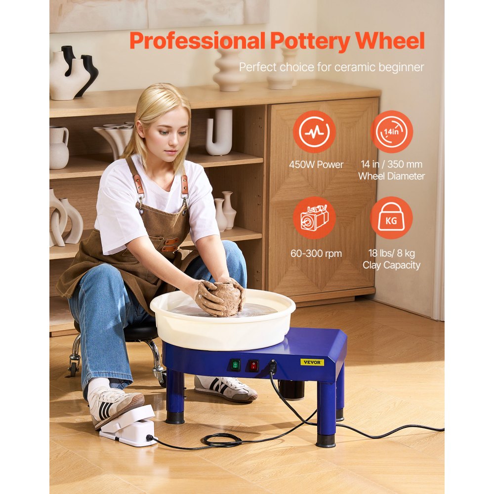 VEVOR Pottery Wheel, 14 in Ceramic Wheel Forming Machine, 60-300 RPM Adjustable Speed with Foot Pedal Control, Detachable Basin, Adjustable Lift Leg, Complete Accessories for Home Pottery, DIY, Blue
