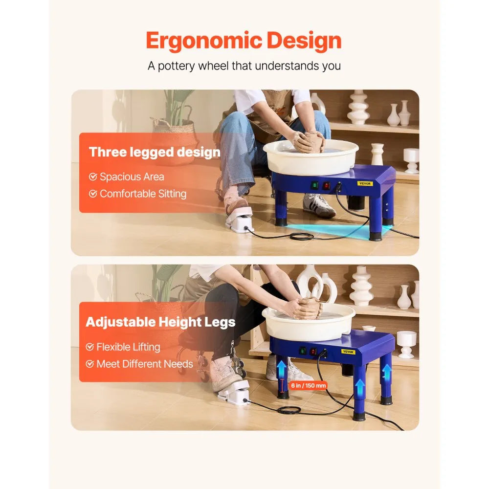 VEVOR Pottery Wheel, 14 in Ceramic Wheel Forming Machine, 60-300 RPM Speed Adjustable Foot Pedal, Adjustable Lift Leg, Detachable Basin, Complete Tool Accessory Kit for Work Art Craft DIY, Blue