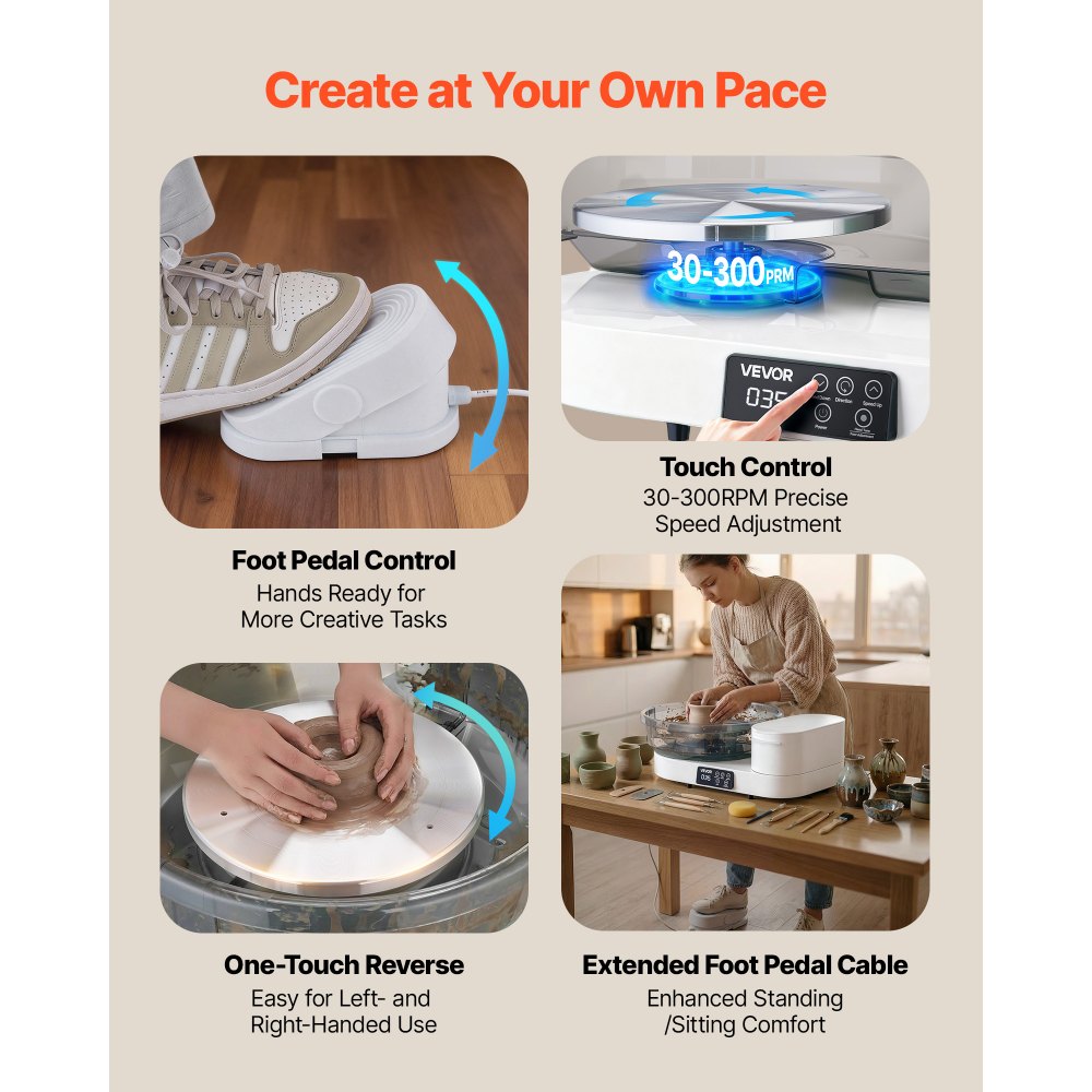 VEVOR Pottery Wheel for Adults, 14" and 11" Turntables, 450W Electric Table Top Pottery Wheel with Foot Pedal, 30-300 RPM Adjustable Speed, Aluminum Body, for Beginners, DIY Clay Art Craft, White
