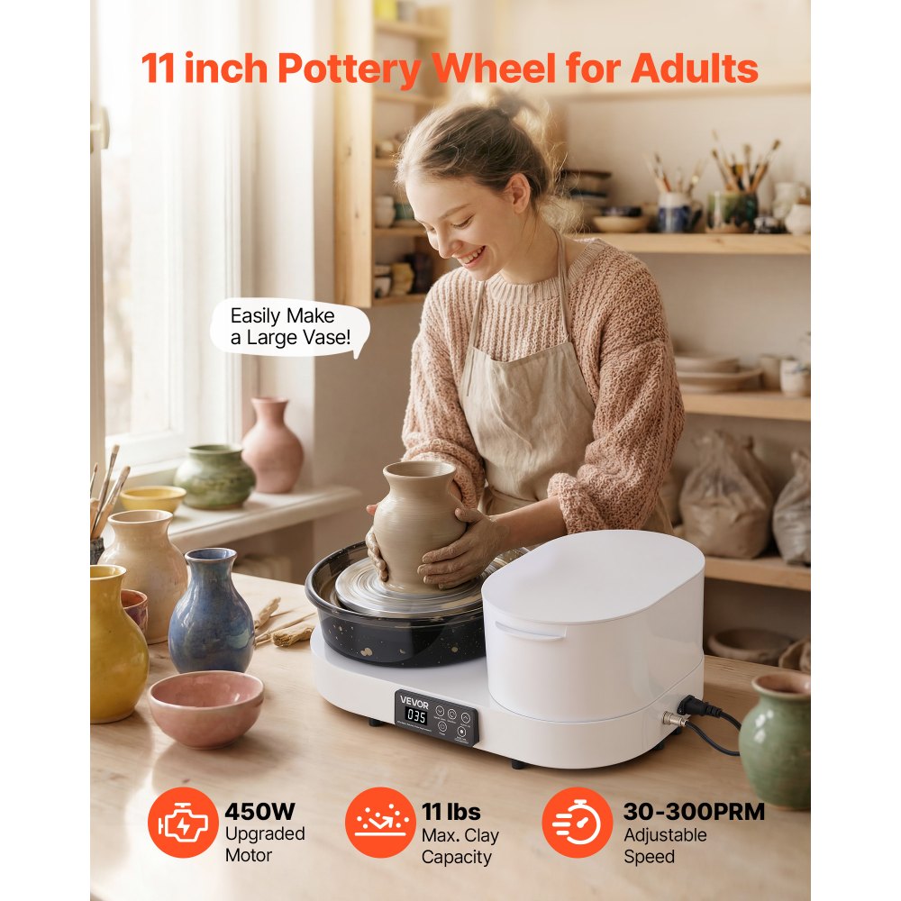 VEVOR Pottery Wheel for Adults, 11" Aluminum Turntable, 450W Electric Table Top Pottery Wheel with Foot Pedal, 30-300 RPM Adjustable Speed, Aluminum Body, for Beginners, DIY Clay Art Craft, White
