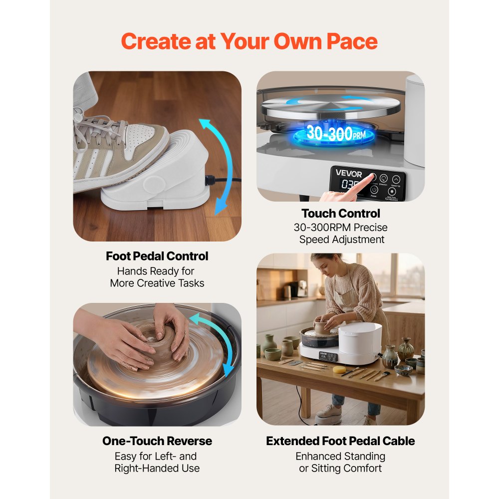 VEVOR Pottery Wheel for Adults, 11" Aluminum Turntable, 450W Electric Table Top Pottery Wheel with Foot Pedal, 30-300 RPM Adjustable Speed, Aluminum Body, for Beginners, DIY Clay Art Craft, White