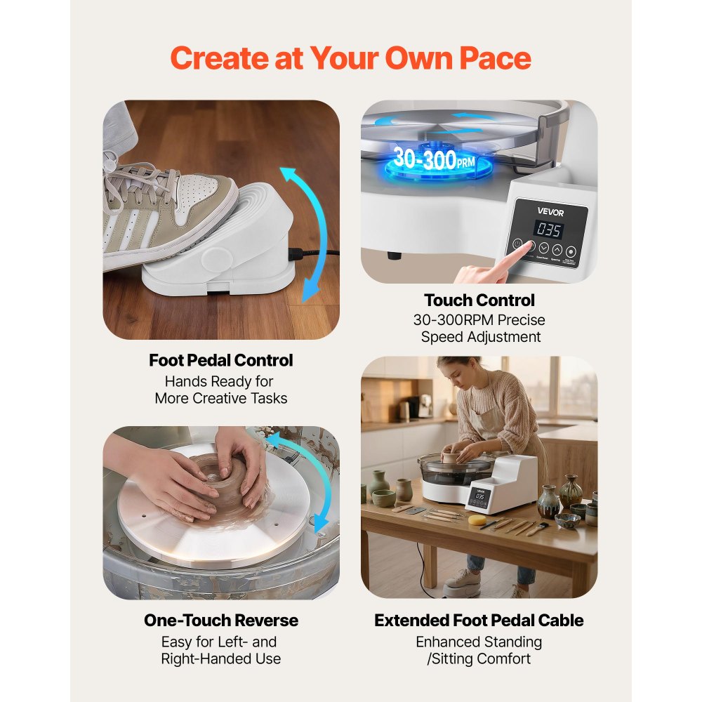 VEVOR Pottery Wheel for Adults, 11" Aluminum Turntable, 450W Electric Table Top Pottery Wheel with Foot Pedal, 30-300 RPM Adjustable Speed, Detachable Basin, for Beginners, DIY Clay Art Craft, White