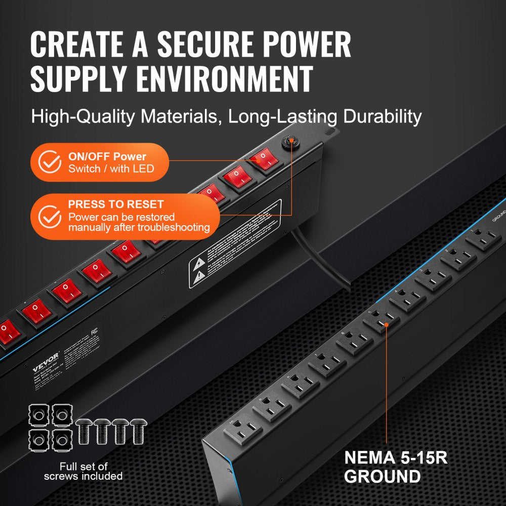 VEVOR 1U PDU, 10 Outlets, Rack Mount Power Strip Fits Standard 19" Server Racks, with Independent Switch Surge Protection & Overload Protection, 110-125V/15A, Ideal for Home and Office