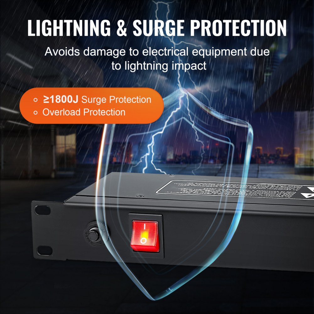 VEVOR 1U PDU, 8 Outlets, Rack Mount Power Strip Fits Standard 19" Server Racks, with Integrated Switch Surge Protection & Overload Protection, 110-125V/15A, Ideal for Home and Office