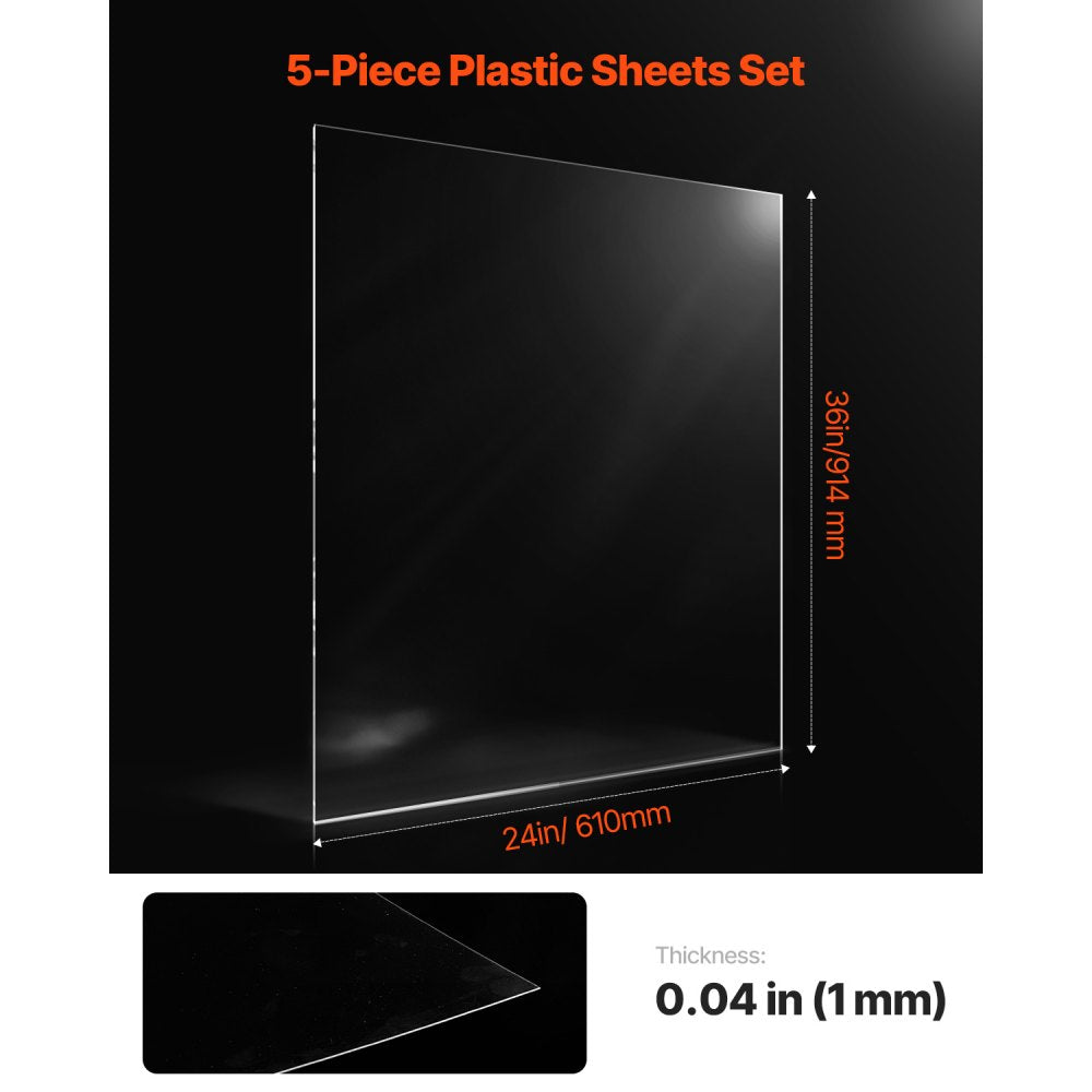 VEVOR PET/Plexiglass Sheets, 5-Pack Plastic Sheet, 24 x 36 Inch 0.04 Inch Thick Transparent Clear Flexible Plastic Panels for Craft, Replacement Picture Frame Glass, DIY Display Project, Easy to Cut