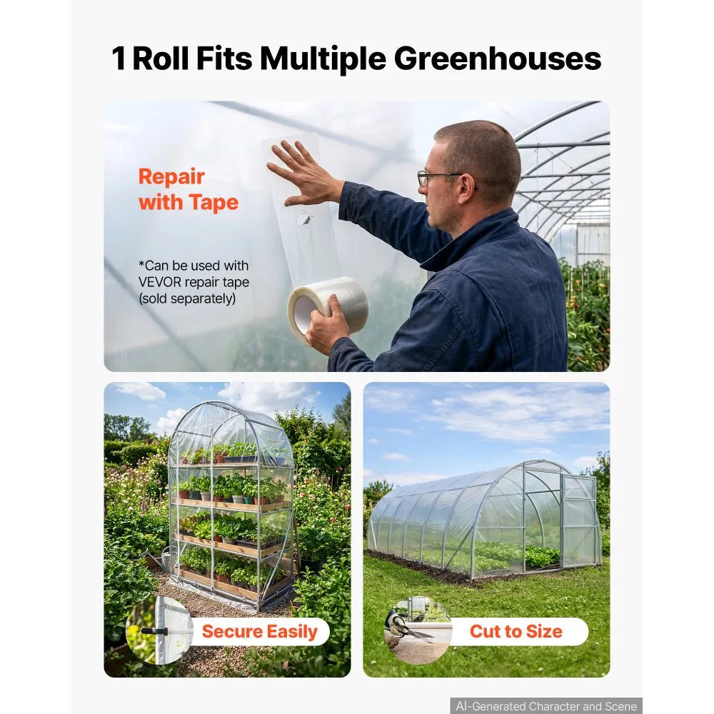 VEVOR Greenhouse Plastic Sheeting 12 x 100 ft 6 Mil Clear Polyethylene Film, for Farms Agriculture Garden Outdoor Plant, Water Sun Frost Wind Dust Resistant, Heavy Duty Thick Winter Hoop House Cover