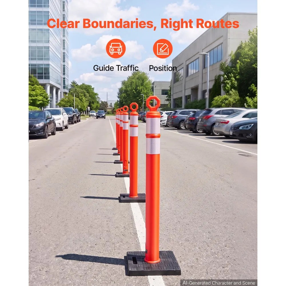 VEVOR Traffic Cones Delineator Posts, 42 Inch 6-Pack Orange Safety Post Cones with 11.8" x 11.8" Weighted Base & Reflective Strips for Parking Lots, Traffic Control, Road Safety, Construction Zones