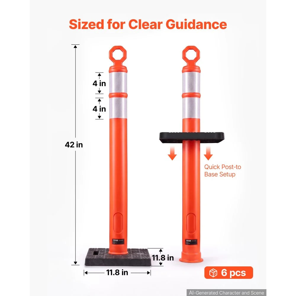 VEVOR Traffic Cones Delineator Posts, 42 Inch 6-Pack Orange Safety Post Cones with 11.8" x 11.8" Weighted Base & Reflective Strips for Parking Lots, Traffic Control, Road Safety, Construction Zones
