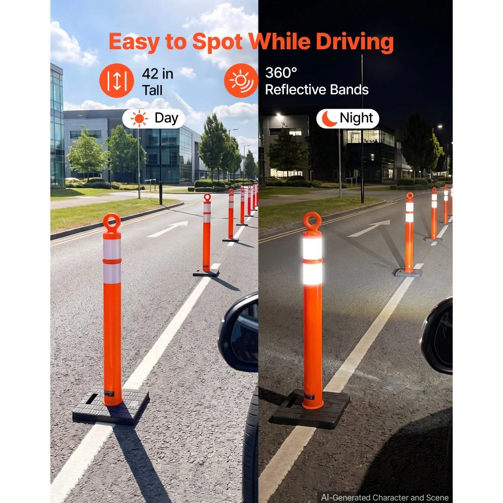 VEVOR Traffic Cones Delineator Posts, 42 Inch 6-Pack Orange Safety Post Cones with 11.8" x 11.8" Weighted Base & Reflective Strips for Parking Lots, Traffic Control, Road Safety, Construction Zones