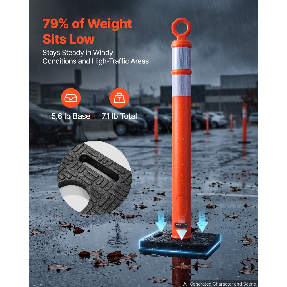 VEVOR Traffic Cones Delineator Posts, 42 Inch 3-Pack Orange Safety Post Cones with 11.8" x 11.8" Weighted Base & Reflective Strips for Parking Lots, Traffic Control, Road Safety, Construction Zones