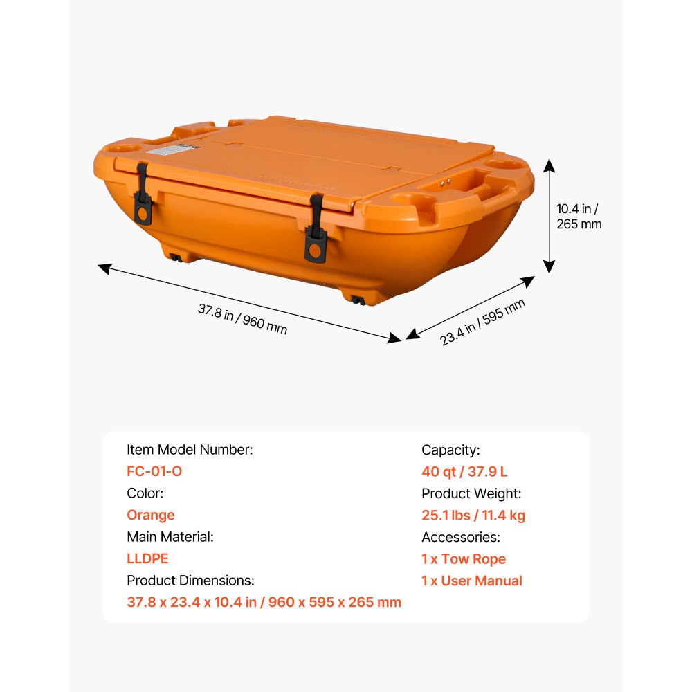 VEVOR Floating Cooler, 40 QT Floating Ice Chest with Dry Storage & Tow Rope, Premium LLDPE Amphibious Drink Cooler for Water & Land, Cruise Smoothly Stable on Lake, River, Pool, Beach, Kayak, Orange