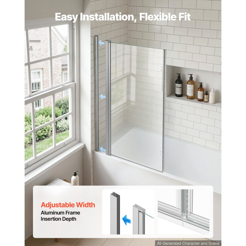 VEVOR Bathtub Shower Door 47" W x 55" H Semi-Frameless Bi-Fold Tub Door, 1/4" Clear Tempered Glass, Easy-Clean Nano Coating, 180° Folding, Adjustable Sealing Strip, for Home Bathroom Tub, Silver