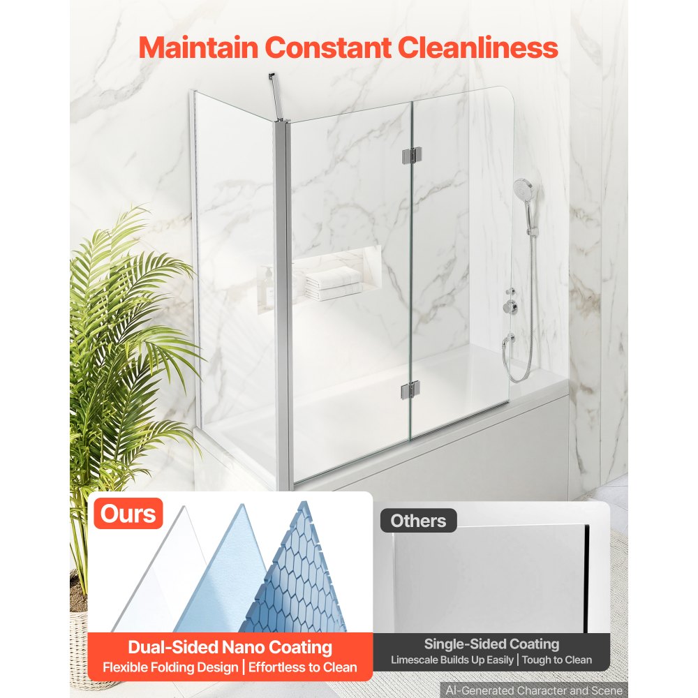 VEVOR Bathtub Shower Door 27.5"/47"W x 55"H Semi-Frameless Bi-Fold Tub Door, 1/4" Clear Tempered Glass, Easy-Clean Nano Coating, 180° Folding, 1 Fixed and 2 Foldable Panels, for Bathroom Tub, Silver