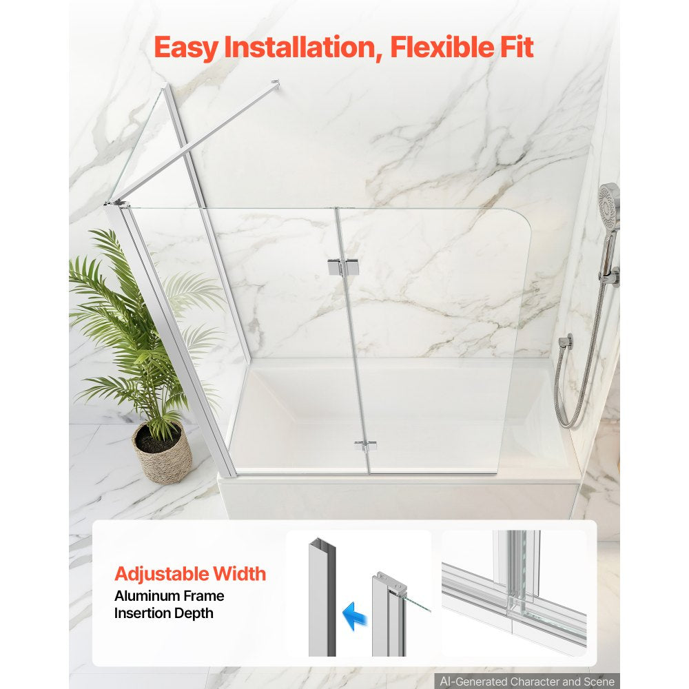VEVOR Bathtub Shower Door 27.5"/47"W x 55"H Semi-Frameless Bi-Fold Tub Door, 1/4" Clear Tempered Glass, Easy-Clean Nano Coating, 180° Folding, 1 Fixed and 2 Foldable Panels, for Bathroom Tub, Silver