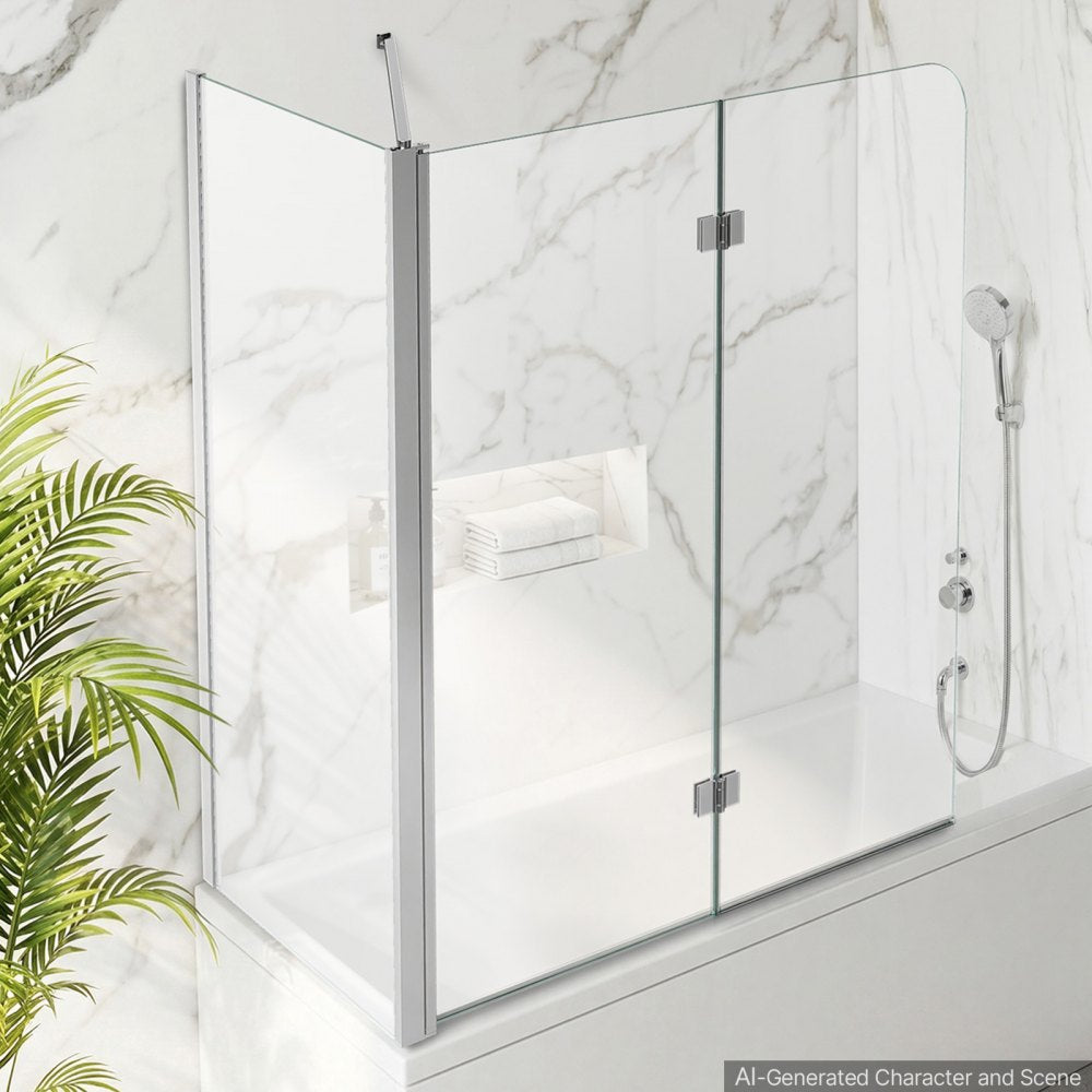 VEVOR Bathtub Shower Door 27.5"/47"W x 55"H Semi-Frameless Bi-Fold Tub Door, 1/4" Clear Tempered Glass, Easy-Clean Nano Coating, 180° Folding, 1 Fixed and 2 Foldable Panels, for Bathroom Tub, Silver