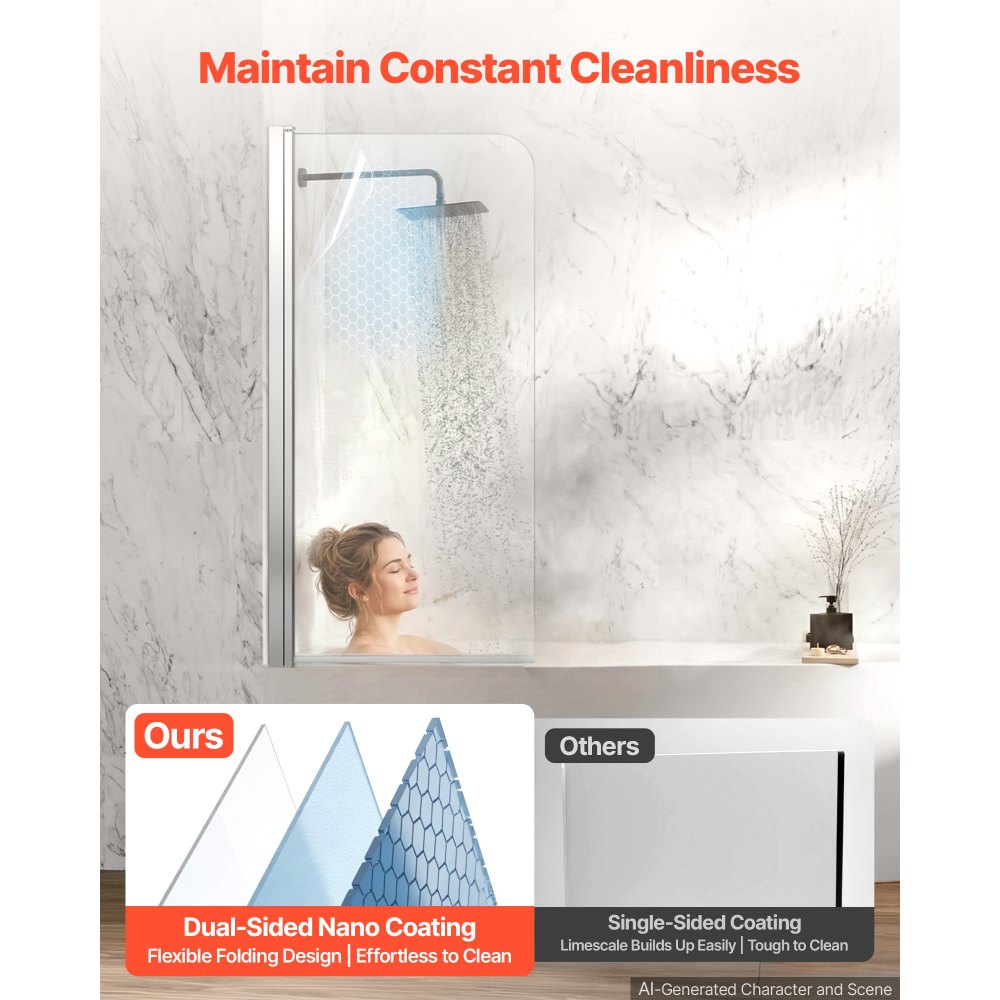 VEVOR Bathtub Shower Door 27.5" W x 55" H Frameless Pivot Tub Door, 1/4" Clear Tempered Glass, Easy-Clean Nano Coating, 180° Folding, Adjustable Sealing Strip, for Home Bathroom Tub, Silver