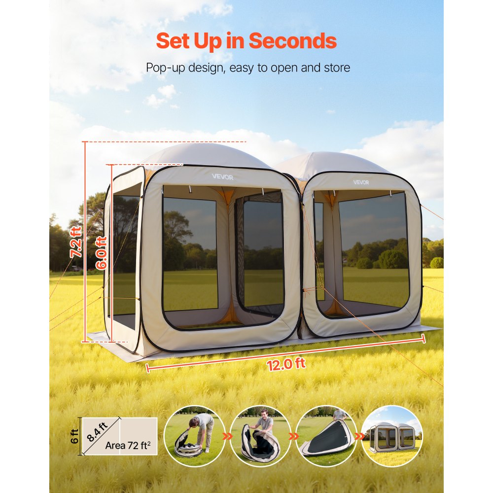 VEVOR Screen House Tent, 12 x 6 ft, 2 in 1 Pop Up Screen Tent, Portable Screened in Canopy with Carry Bag, Netting Sides, Ground Stakes, for Garden, Patio, Backyard, and Outdoor Activities, Beige