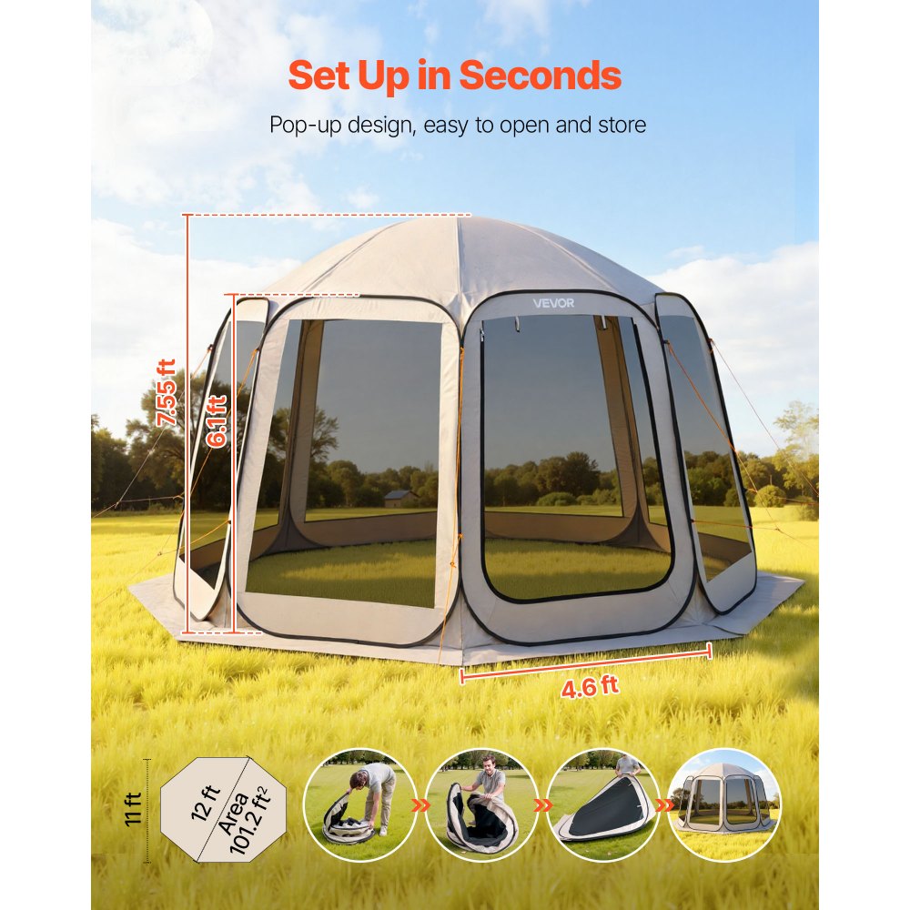 VEVOR Screen House Tent, 12 x 11 ft, 10-12 Person Pop Up Screen Tent, Portable Screened in Canopy with Carry Bag, Netting Sides, Ground Stakes, for Garden, Patio, Backyard, Outdoor Activities, Beige