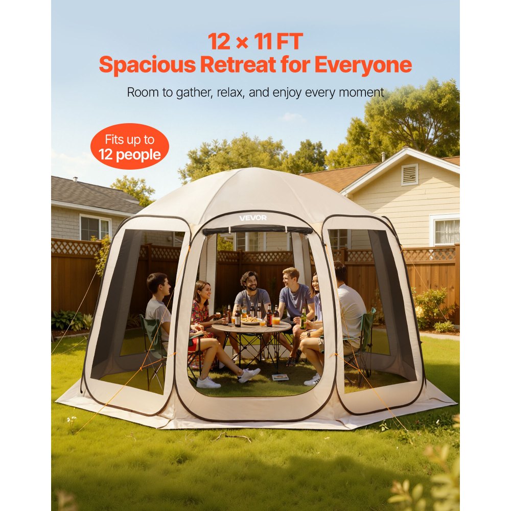 VEVOR Screen House Tent, 12 x 11 ft, 10-12 Person Pop Up Screen Tent, Portable Screened in Canopy with Carry Bag, Netting Sides, Ground Stakes, for Garden, Patio, Backyard, Outdoor Activities, Beige
