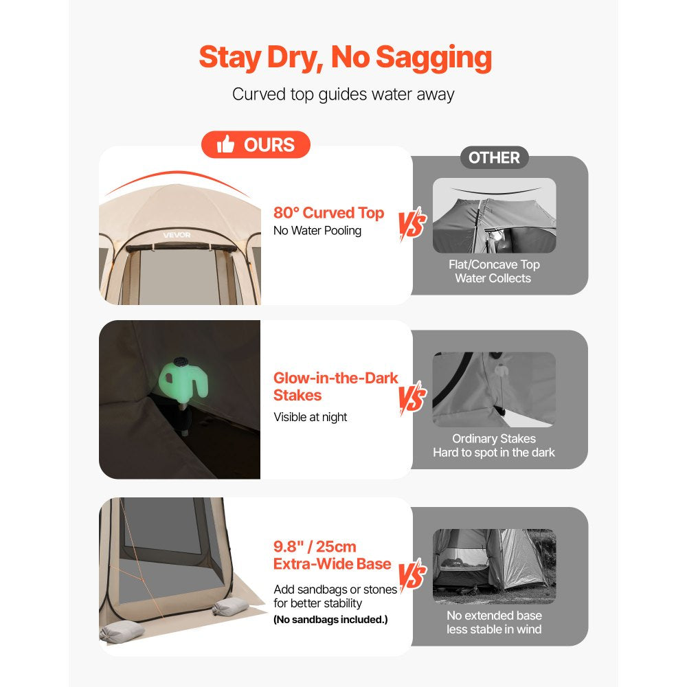 VEVOR Screen House Tent, 12 x 11 ft, 10-12 Person Pop Up Screen Tent, Portable Screened in Canopy with Carry Bag, Netting Sides, Ground Stakes, for Garden, Patio, Backyard, Outdoor Activities, Beige