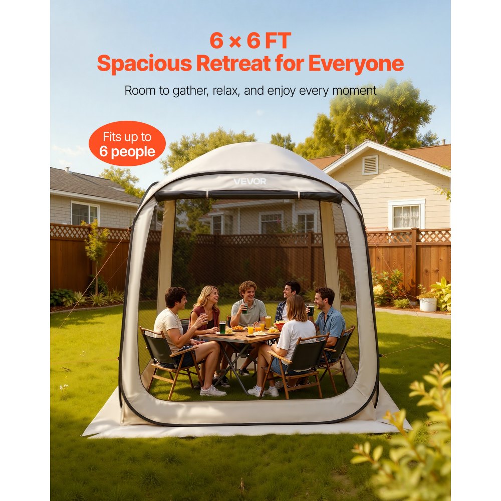 VEVOR Screen House Tent, 6 x 6 ft, 4-6 Person Pop Up Screen Tent, Portable Screened in Canopy with Carry Bag, Netting Sides, Ground Stakes, for Garden, Patio, Backyard, and Outdoor Activities, Beige