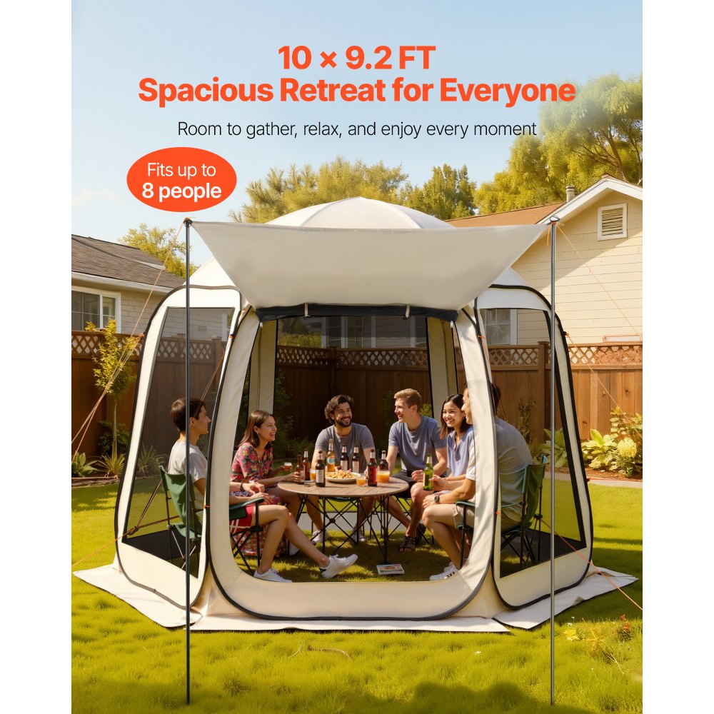 VEVOR Screen House Tent, 10 x 9.2 ft, 4-8 Person Pop Up Screen Tent with Extended Awning, Portable Screened in Canopy with Carry Bag, Netting Sides, for Patio, Backyard, and Outdoor Activities, Beige
