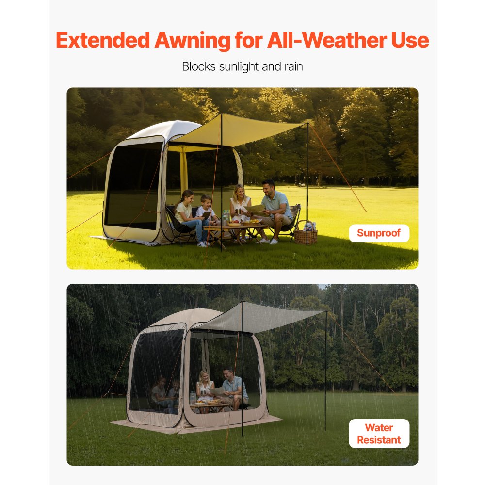 VEVOR Screen House Tent, 6 x 6 ft, 4-6 Person Pop Up Screen Tent with Extended Awning, Portable Screened in Canopy with Carry Bag, Netting Sides, for Patio, Backyard, and Outdoor Activities, Beige