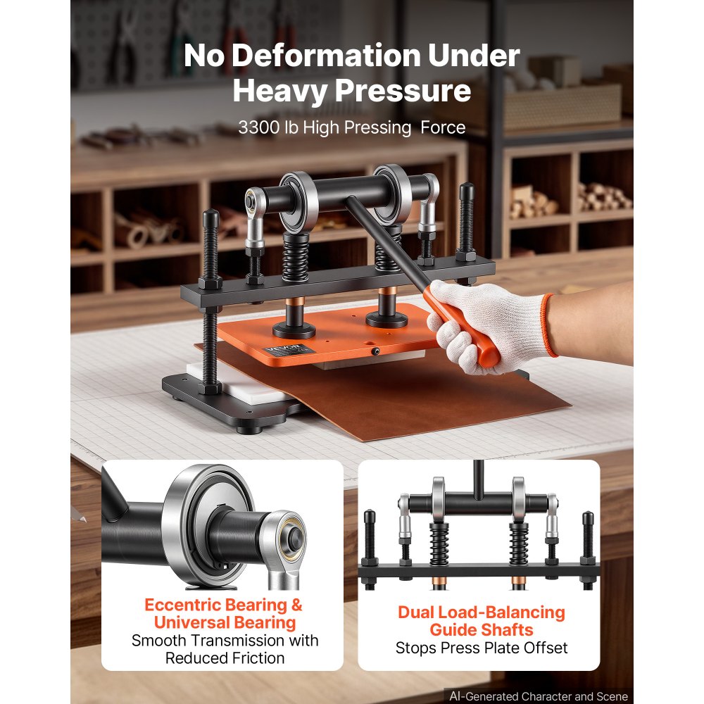 VEVOR Leather Cutting Machine 10.24 x 5.91 in Embossing Plate Die Cutter, Hand Press Leather Embossing & Die Cutting, 3300 lbs Pressure, 0.47 in Stroke, Dual Guide Shafts, for Fabric, Paper, Silicone