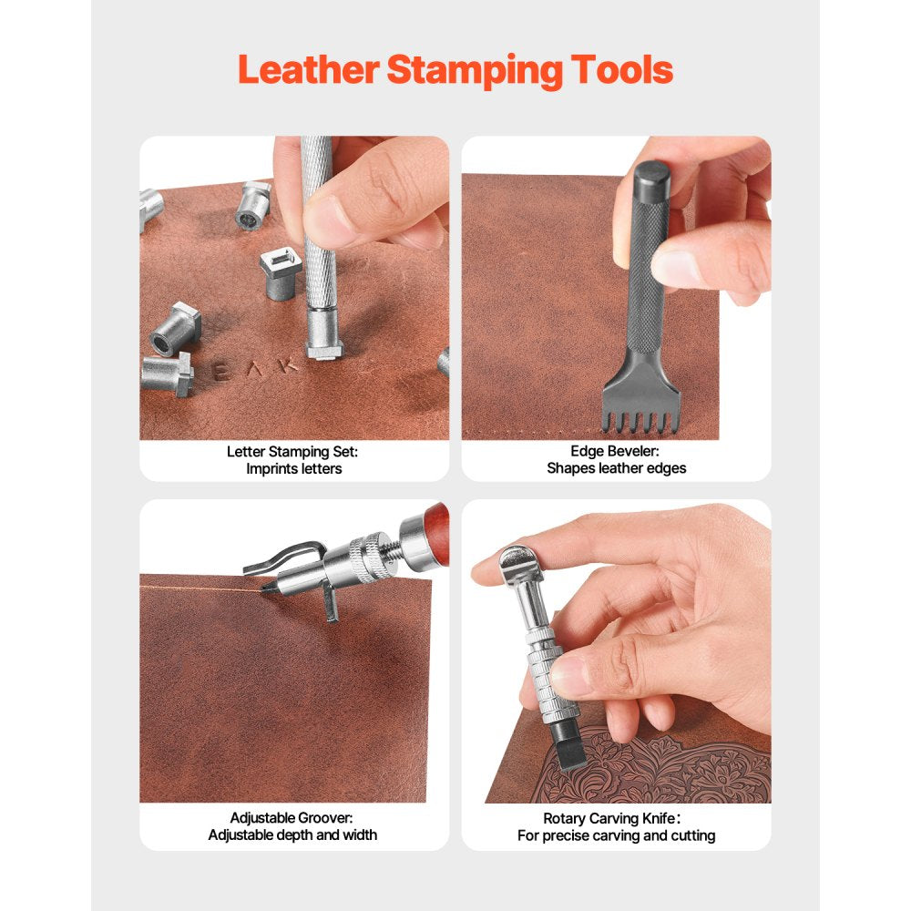 VEVOR Leather Working Tools Kit, 61 PCS Leather Craft Tools with Portable Canvas Storage Bag, Engraving Punching Sewing Stamping Sanding Tools, Ideal for Beginners DIY Enthusiasts and Professionals