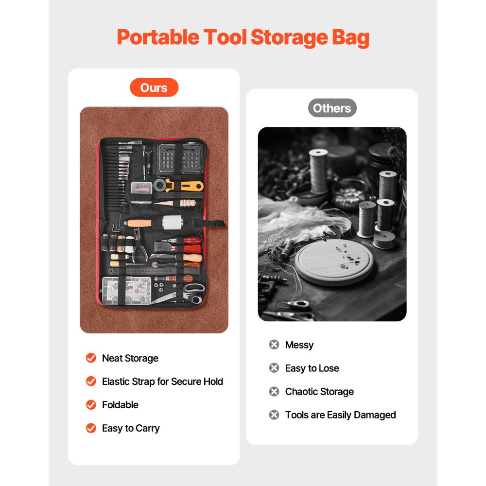 VEVOR Leather Working Tools Kit, 61 PCS Leather Craft Tools with Portable Canvas Storage Bag, Engraving Punching Sewing Stamping Sanding Tools, Ideal for Beginners DIY Enthusiasts and Professionals