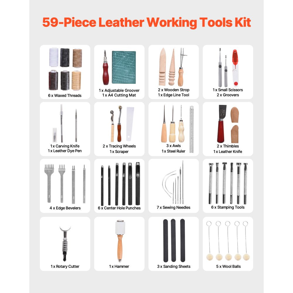 VEVOR Leather Working Tools Kit, 59 PCS Leather Craft Tools with Portable Canvas Storage Bag, Engraving Punching Sewing Stamping Sanding Tools, Ideal for Beginners DIY Enthusiasts and Professionals