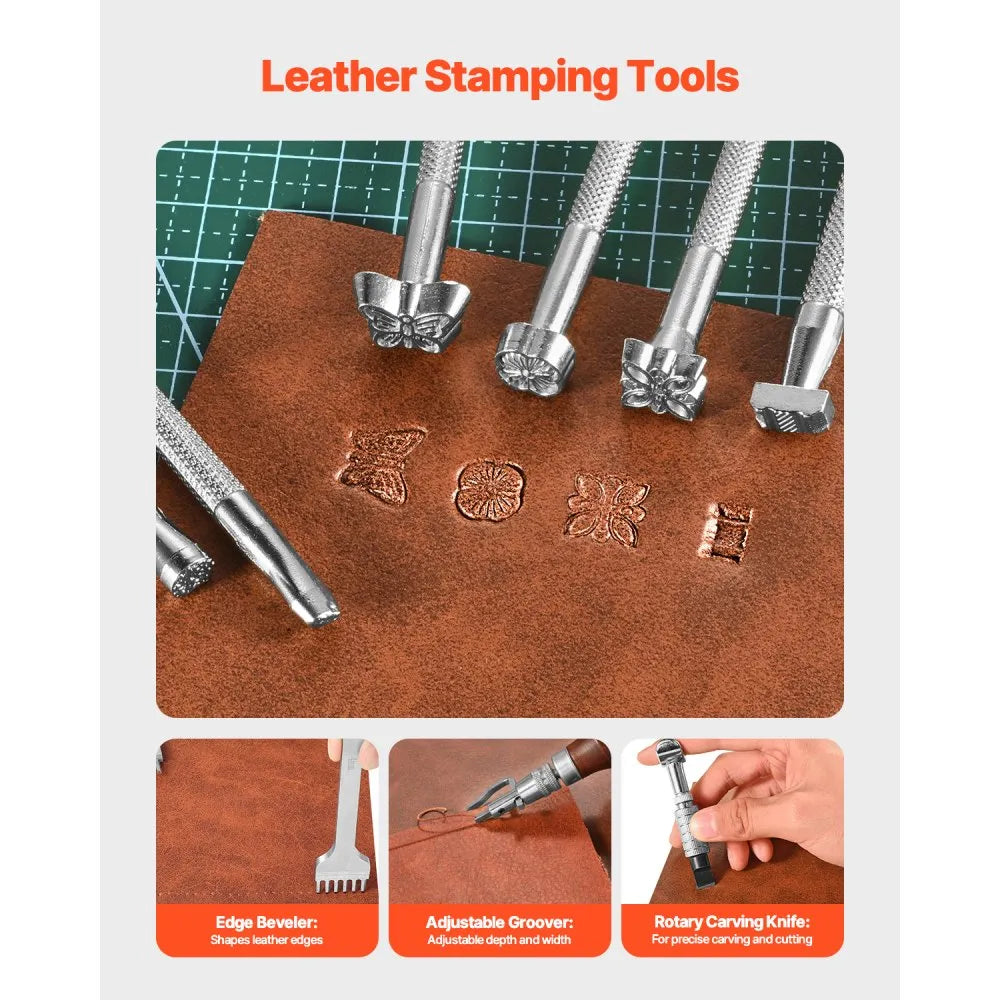 VEVOR Leather Working Tools Kit, 59 PCS Leather Craft Tools with Portable Canvas Storage Bag, Engraving Punching Sewing Stamping Sanding Tools, Ideal for Beginners DIY Enthusiasts and Professionals