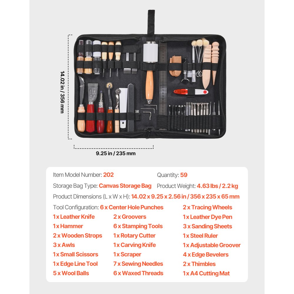 VEVOR Leather Working Tools Kit, 59 PCS Leather Craft Tools with Portable Canvas Storage Bag, Engraving Punching Sewing Stamping Sanding Tools, Ideal for Beginners DIY Enthusiasts and Professionals