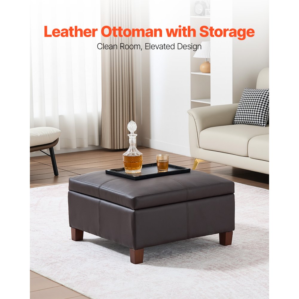 VEVOR 28 in Square Leather Ottoman with Storage, Upholstered Tufted Button Coffee Table Ottoman with Flip-Top Design, PU Leather High-Density Sponge for Living Room, Dorm, Bedroom, Dark Brown
