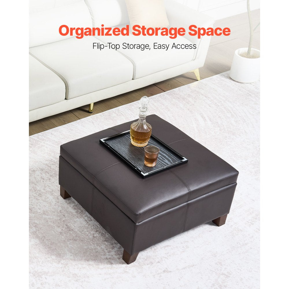 VEVOR 28 in Square Leather Ottoman with Storage, Upholstered Tufted Button Coffee Table Ottoman with Flip-Top Design, PU Leather High-Density Sponge for Living Room, Dorm, Bedroom, Dark Brown