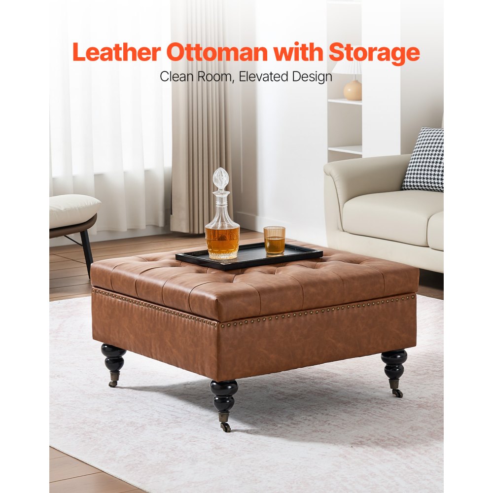 VEVOR 31 in Square Leather Ottoman with Storage, Upholstered Tufted Button Coffee Table Ottoman with Castered Rolling Wheels, PU Leather High-Density Sponge for Living Room, Dorm, Bedroom, Brown