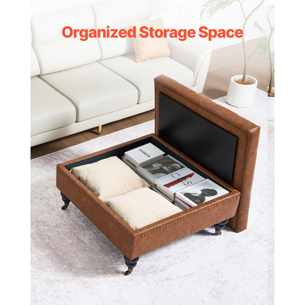 VEVOR 31 in Square Leather Ottoman with Storage, Upholstered Tufted Button Coffee Table Ottoman with Castered Rolling Wheels, PU Leather High-Density Sponge for Living Room, Dorm, Bedroom, Brown