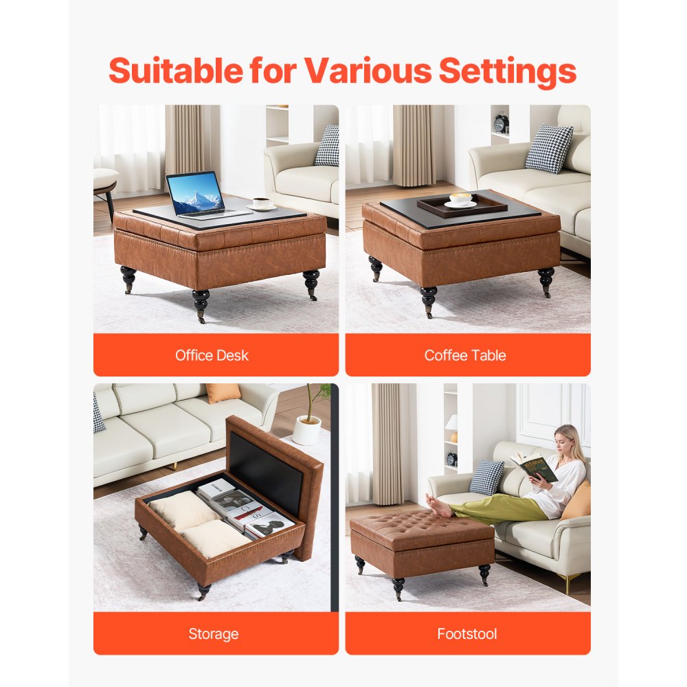 VEVOR 31 in Square Leather Ottoman with Storage, Upholstered Tufted Button Coffee Table Ottoman with Castered Rolling Wheels, PU Leather High-Density Sponge for Living Room, Dorm, Bedroom, Brown