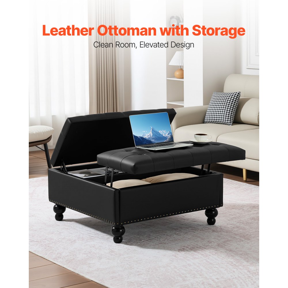 VEVOR 34 in Square Leather Ottoman with Storage, Upholstered Tufted Button Coffee Table Ottoman with Lift-Top & Flip Design, PU Leather High-Density Sponge for Living Room, Bedroom, Dorm, Black