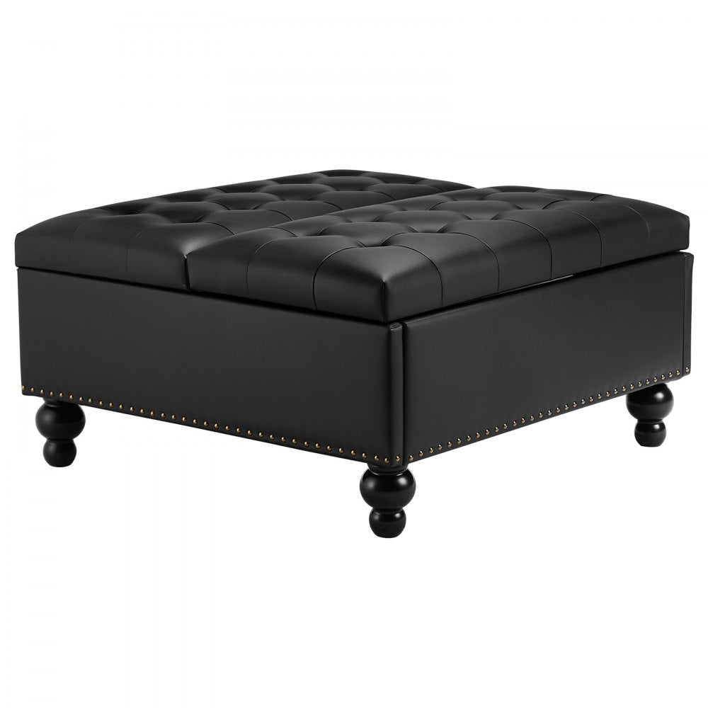 VEVOR 34 in Square Leather Ottoman with Storage, Upholstered Tufted Button Coffee Table Ottoman with Lift-Top & Flip Design, PU Leather High-Density Sponge for Living Room, Bedroom, Dorm, Black