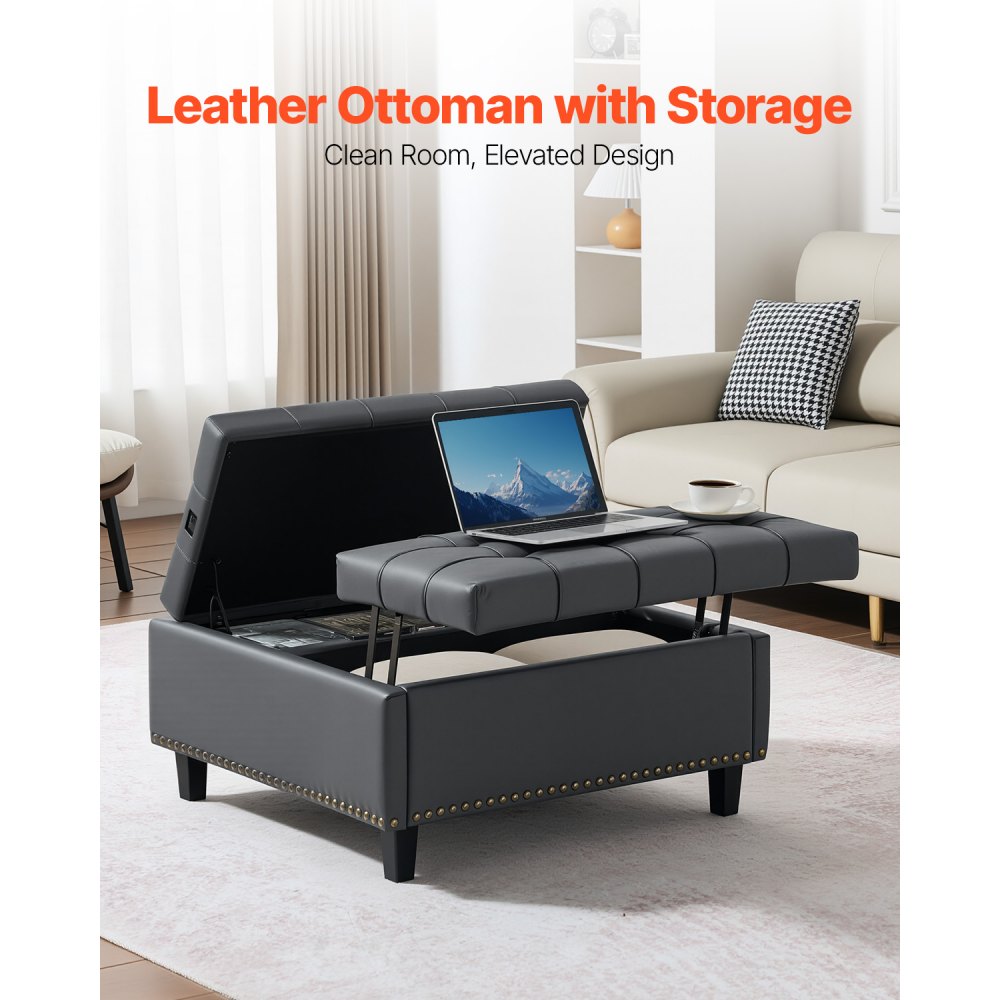 VEVOR 31 in Square Leather Ottoman with Storage, Upholstered Tufted Button Coffee Table Ottoman with Lift-Top & Flip Design, PU Leather High-Density Sponge for Living Room, Bedroom, Dorm, Grey